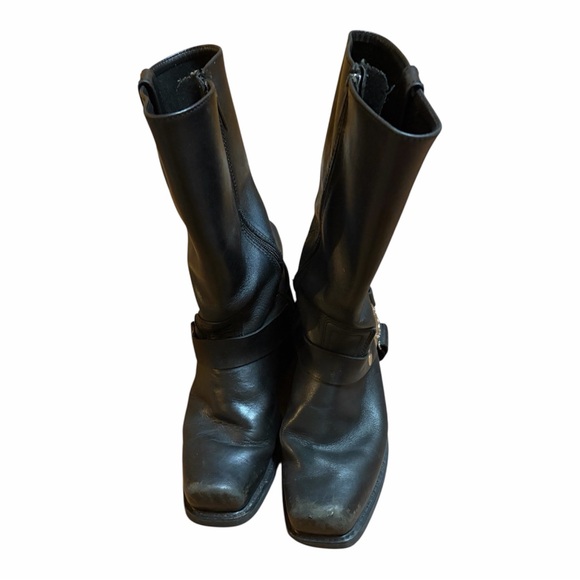 Black Leather Harness Motorcycle Boots - Unbranded